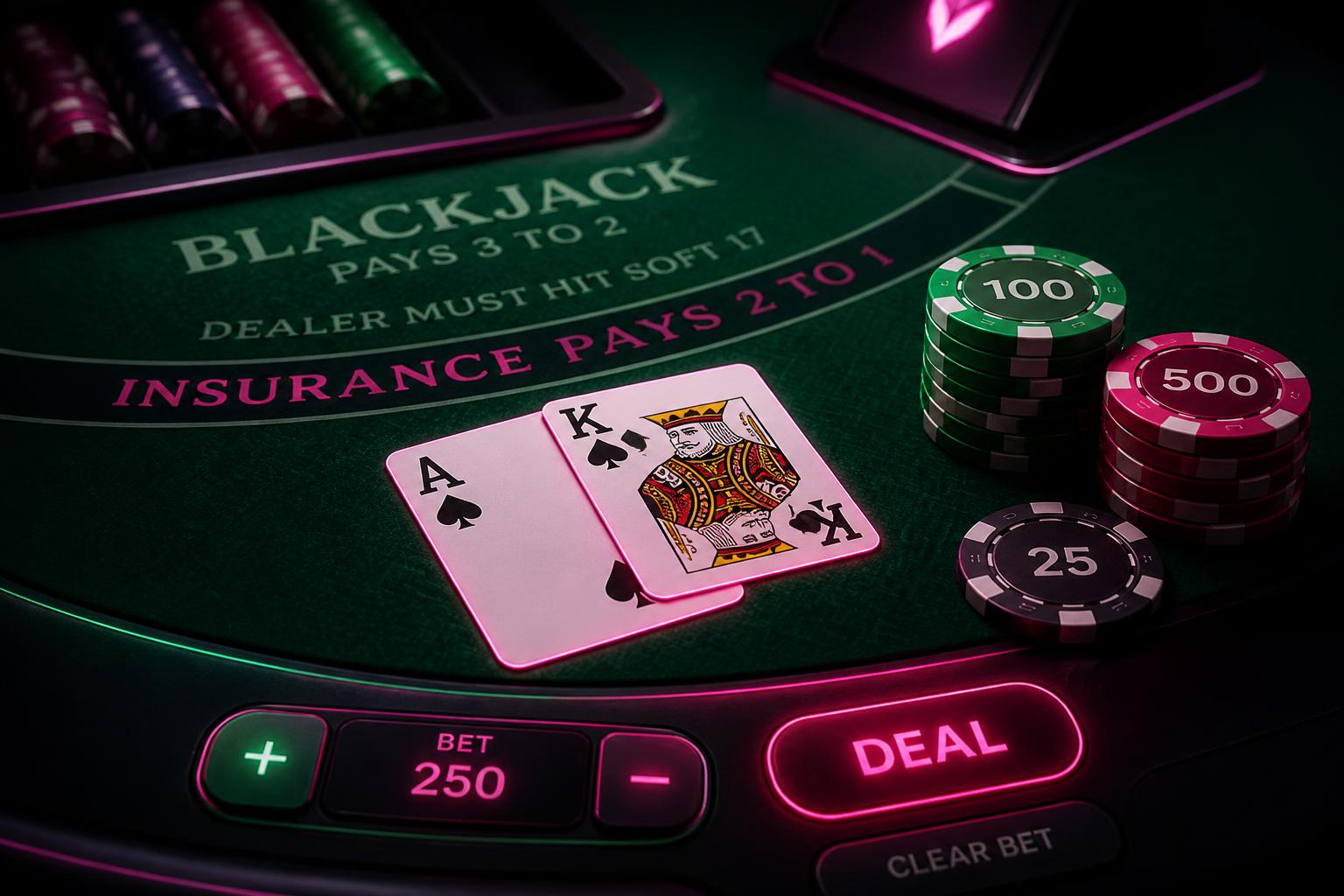 Blackjack online 2026 – digitalt blackjackbord med spelkort och marker i rosa och grönt
