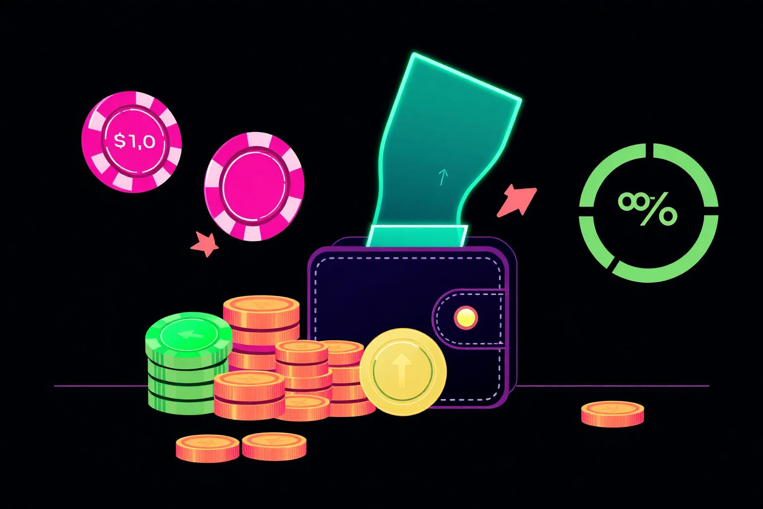 Cashback på casino – illustration av jetonger och mynt som återbetalas till ett spelkonto i rosa och grönt