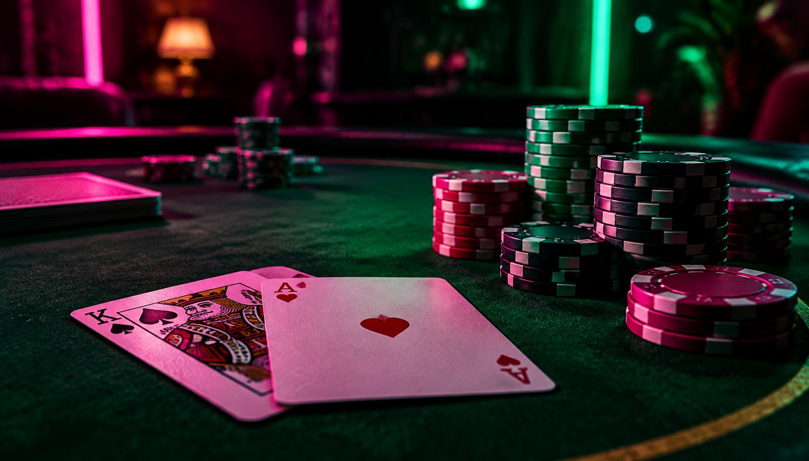 Pokerkort och spelmarker på ett casinobord i rosa och grönt