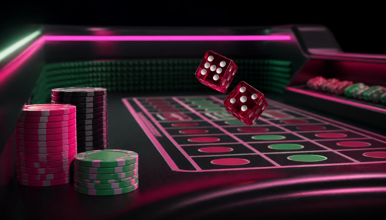 Craps online – crapsbord med två tärningar och spelmarker i rosa och grönt