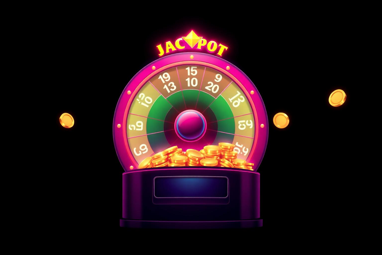 Illustration av jackpottspel och progressiva jackpottar med lysande jackpotthjul och växande myntpott i rosa och grönt
