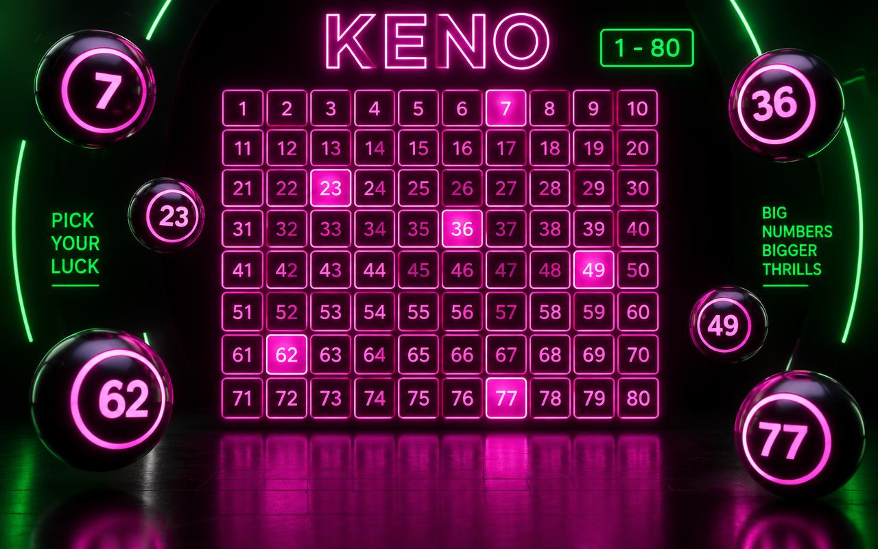 Keno online – digitalt kenobräde med 80 numrerade rutor och dragna kulor i rosa och grönt