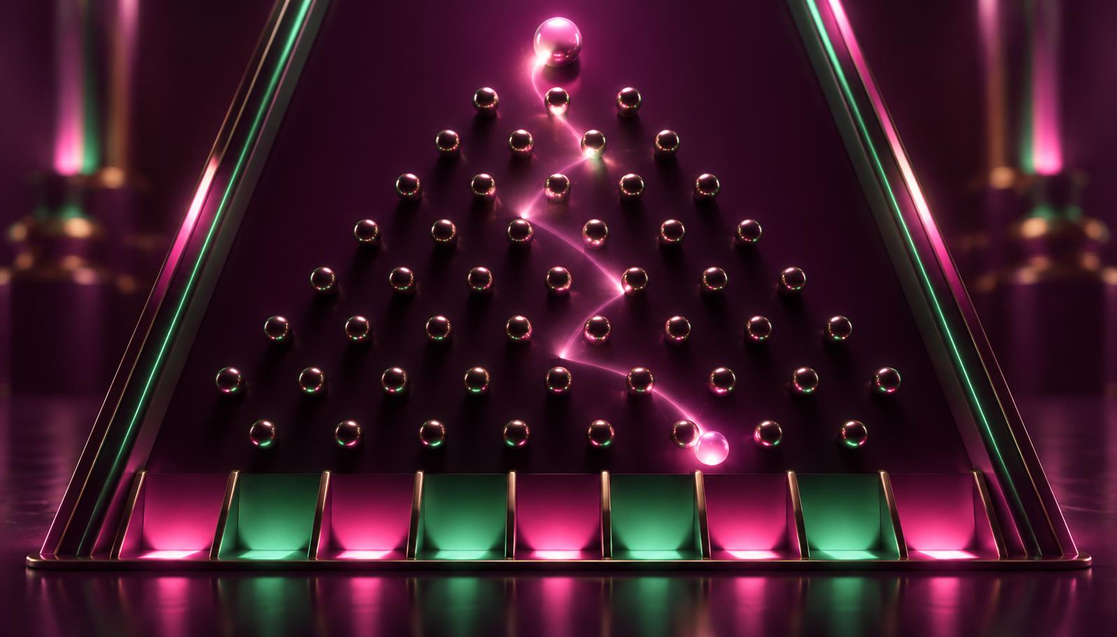 Plinko-kula som faller genom pinnar mot multiplikatorer i rosa och grön design