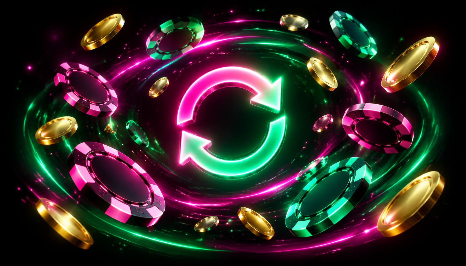 Reload bonus på casino – illustration med spelmarker och laddningssymbol i rosa och grönt