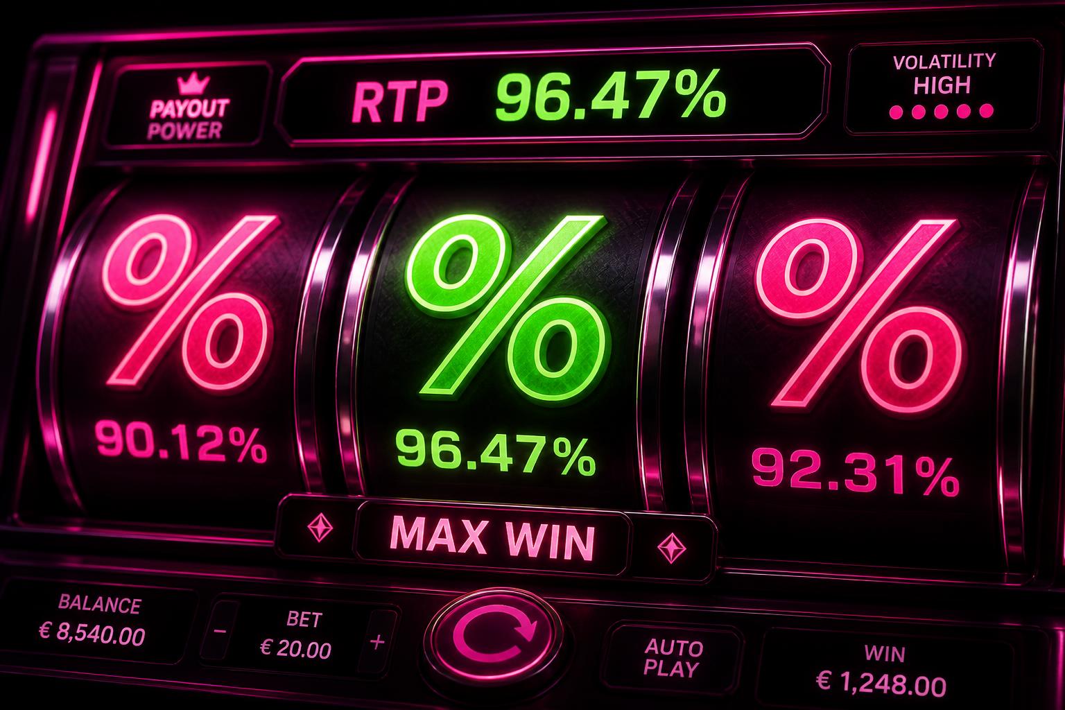 Slots med hög RTP – spelautomatshjul med procentsymboler i rosa och grönt